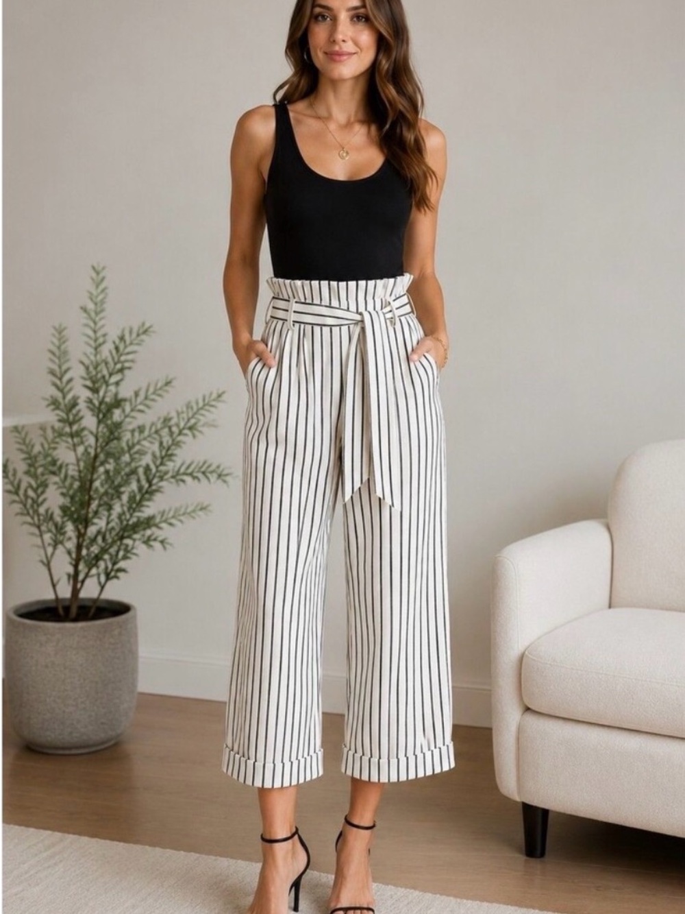 Alice + Olivia High-Waist Paperbag Stripe Wide-Leg Pants - Black & White
